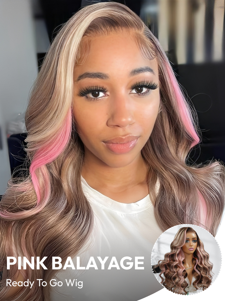 Pink Balayage Side Part Body Wave Lace Wig | Brown Hair with Blonde and Pink Highlights Pre-Everything Wigs