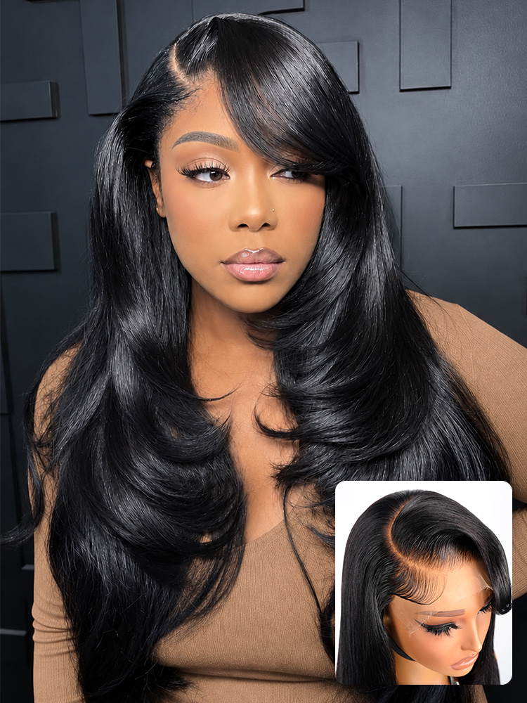 Layered Side Part Straight Human Hair Wig with Bangs & Baby Hair