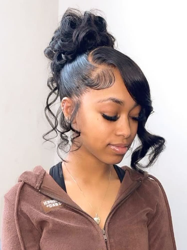 Glueless 360 Lace Body Wave Wig Miss Buns With Side Part Bangs Style