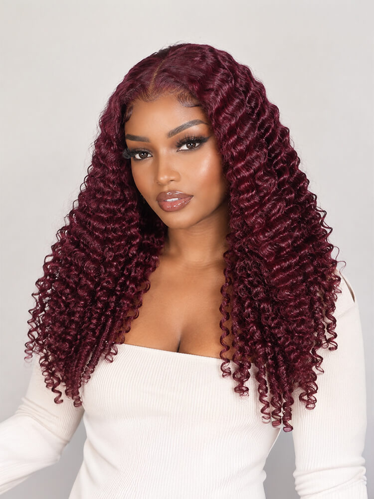 99J Burgundy Burmese Curly Glueless Lace Front Wig 250% Density