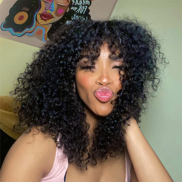 Curly Wig With Bangs Human Hair Glueless Wigs